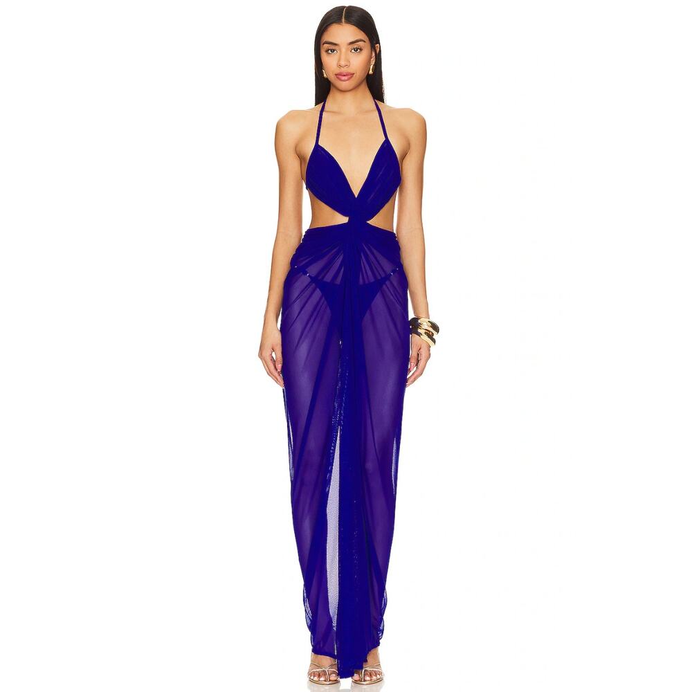 J.Angelique Hera Gown in Cobalt Blue Solid Mesh Women's XS Wrap Coverup Resort